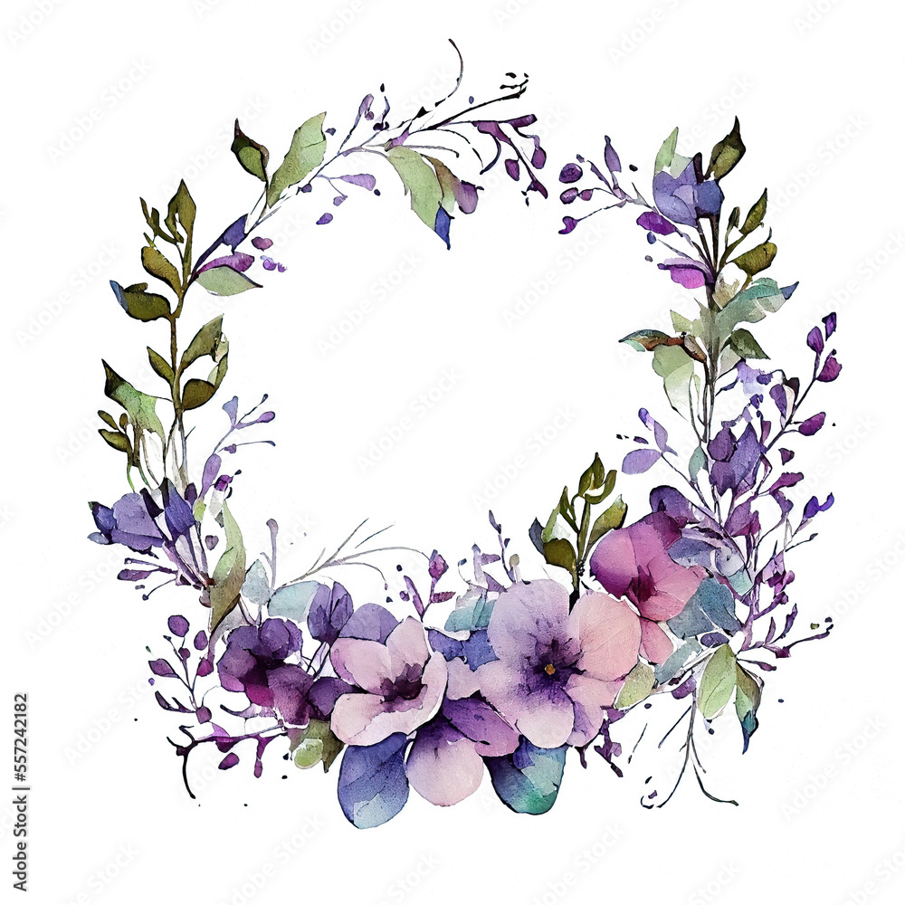 Watercolor floral wreath with pink and purple flowers and leaves isolated on white background