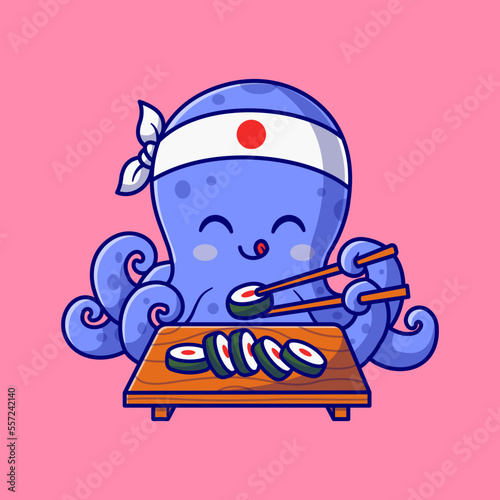 Cute Octopus Eating Sushi Cartoon Vector Icon Illustration. Animal Food Icon Concept Isolated Premium Vector. Flat Cartoon Style