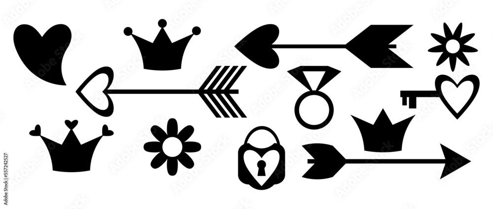 Black icons. Arrow, crown, heart icon. Vector illustration of black web icons. Black icons. Arrow, crown, heart icon. Vector illustration of black web icons.