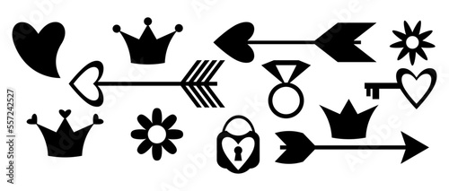 Black icons. Arrow, crown, heart icon. Vector illustration of black web icons.