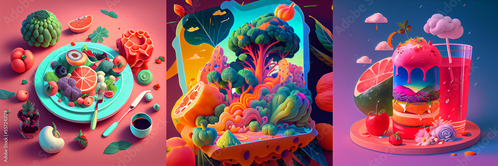 Fototapeta premium Colorful illustration of fruits and vegetables with flowers, collection 