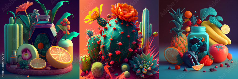 Fruits and flowers surreal illustration collection