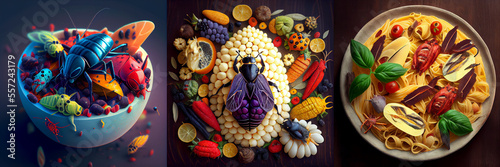 Futuristic food made from insects, design of food service,  haute cuisine collection  © Firgapolis