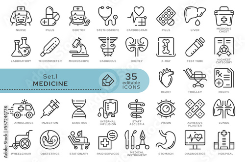 Set of conceptual icons. Vector icons in flat linear style for web sites, applications and other graphic resources. Set from the series - Medicine and Health. Editable outline icon. 