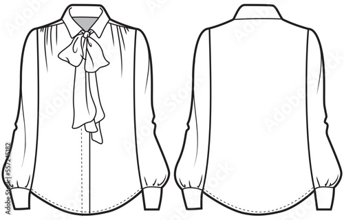 Billede på lærred Women bow shirt blouse design flat sketch fashion illustration with front and back view
