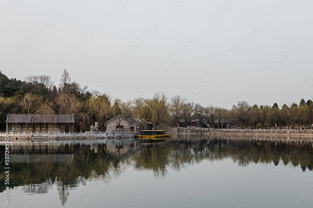 Landscape of lake and chinese temple in autumn