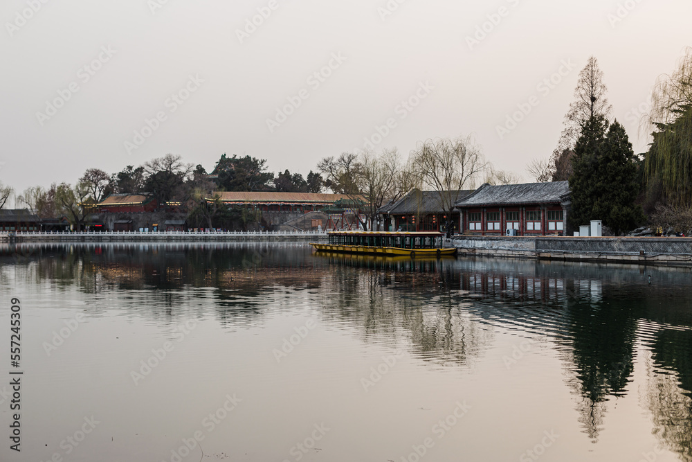 Landscape of lake and chinese temple in autumn