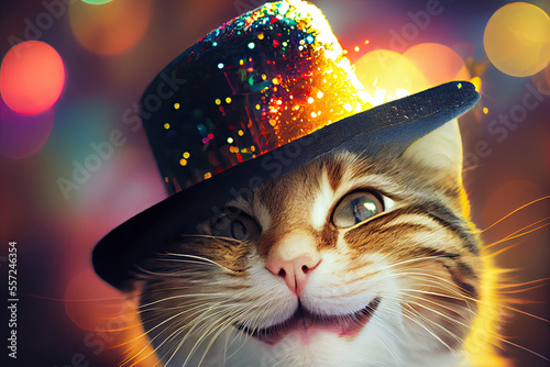 cat with hat,cat in hat,smiling cat,cat in the night,light dot,kitten cat celebrating