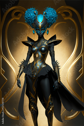 Portrait of an alien princess wearing golden armor, the face is covered with a mask and unusual eyes. Fantasy creation. Generative AI illustration © Madrugada Verde
