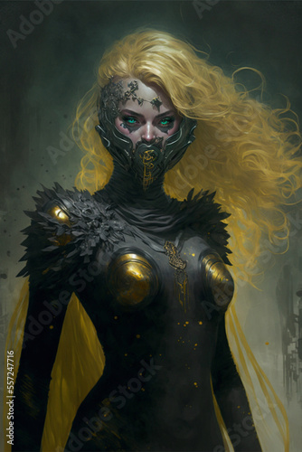 Portrait of an alien princess wearing golden armor, the face is covered with a mask and unusual eyes. Fantasy creation. Generative AI illustration