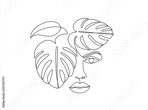 Woman face continuous one line vector drawing. Style templates with abstract female face and monstera leaves. Modern minimalist simple linear style. Beauty fashion design