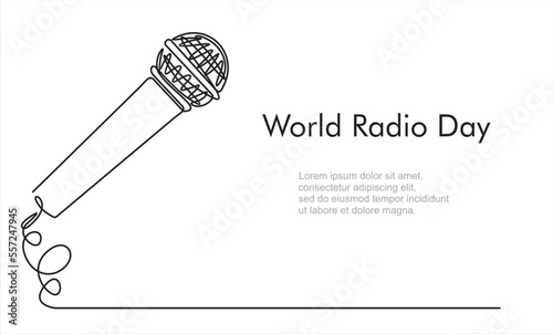 Continuous one line drawing of microphone. World radio day concept. Continuous line draw design graphic vector illustration.