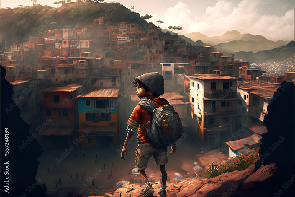 Fototapeta premium Boy walking through overcrowded slums with square multi-story houses and shops built of wood and brick, Made by AI, Artificial intelligence