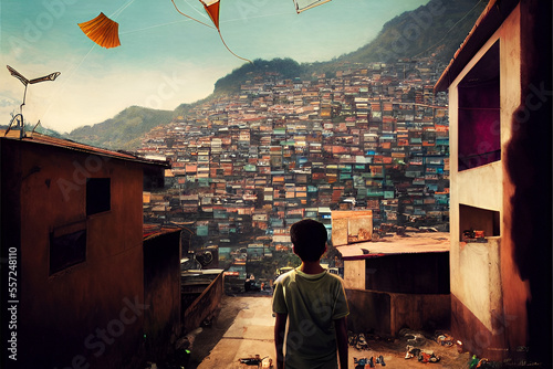 Boy flying a kite in overcrowded slums with square multistory houses and shops built of wood and brick, Made by AI, Artificial intelligence photo