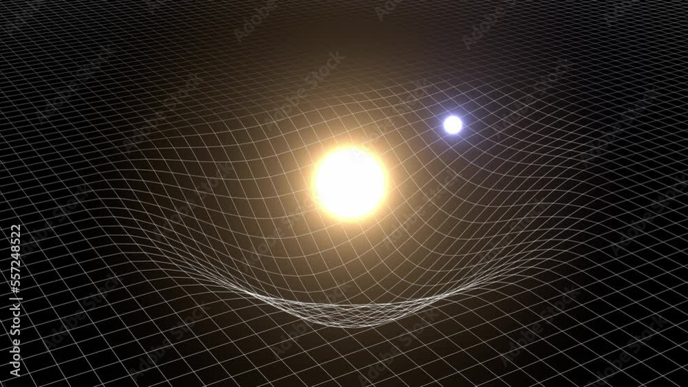 spacetime curvature 3d representation, solar system gravity force loop animation that can represent gravity waves, relativity or the lhc experiment