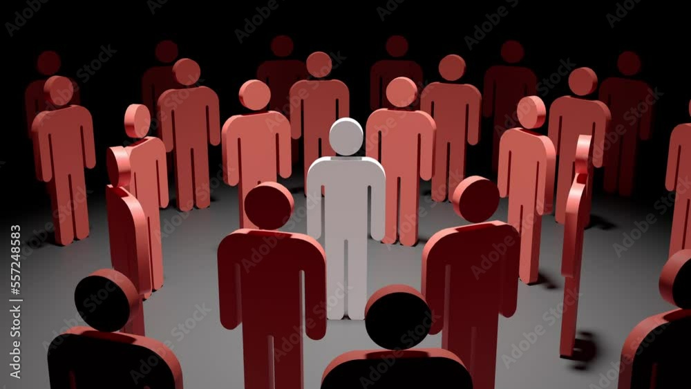 3d person surrounded conceptual representation of psychology and social anxiety, individuality, team leader or discrimination