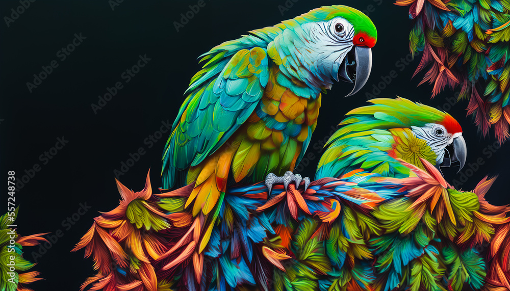 Fototapeta premium Painting of a cute parrot against a background of flowers, Generative AI