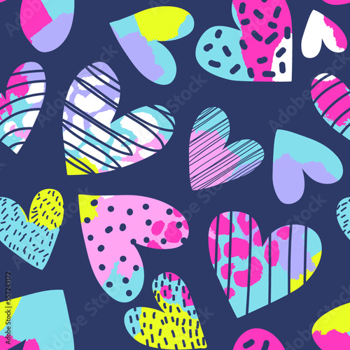 Abstract seamless chaotic leopard print with hearts elements. Grunge texture background. Wallpaper for girls. Fashion style pattern