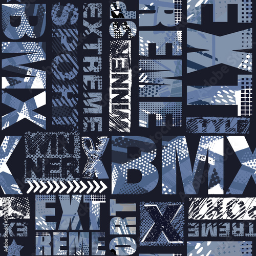 Abstract seamless grunge pattern for guys. Urban style modern background with with boy on bicycle BMX. Sport extreme style creative wallpaper