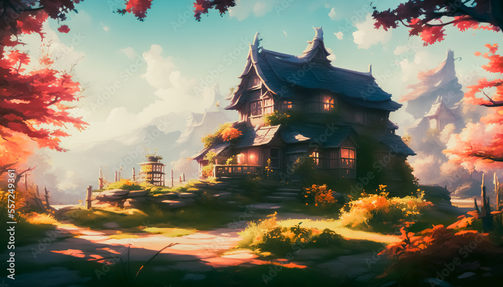 Concept of an old small village, houses in background, Generative AI Concept of an old small village, houses in background, Generative AI