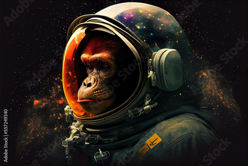 Photo monkey in space, astronaut, ape, space suit, monkey in spaceship portrait