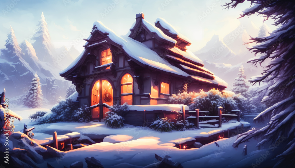Painting of a beautiful winter house, background illustration.Generative AI