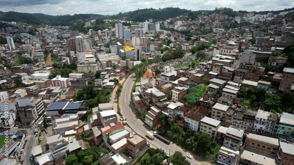 Aerial drone view in a busy junction in Manhuacu in Minas Gerais, Brazil Aerial drone view in a busy junction in Manhuacu in Minas Gerais, Brazil