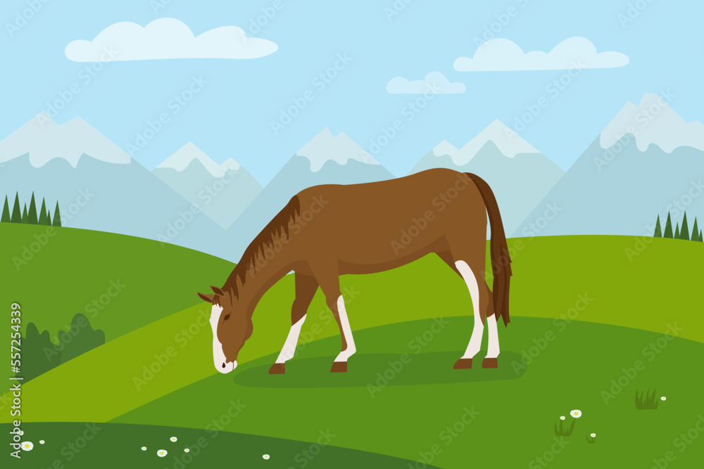 Rural landscape with grazing horse horse with green meadows in background. Background with mountains and blue sky in the background. Flat design.