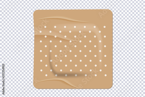 Beige adhesive antibacterial bandage. 3d vector design elastic patch crumpled shape with rounded edges, air ducts. Adhesive bandage for emergency medical care for wound, scratch, calluse on skin