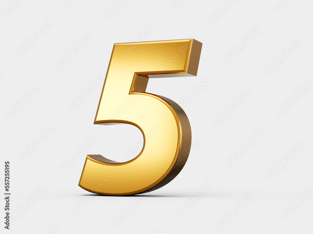 Golden metallic Number 5 Five, White background 3d illustration Golden metallic Number 5 Five, White background 3d illustration