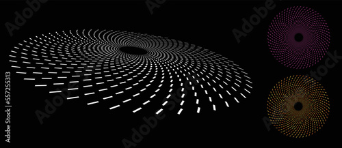 Modern abstract background. Halftone lines in circle form. Round logo. Vector dotted frame with perspective. Design color element or icon.