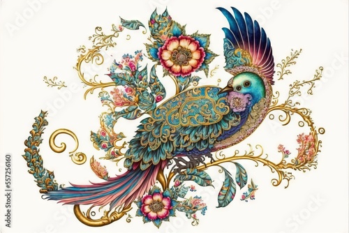  a colorful bird with a flower on its back and wings spread out. Generative AI