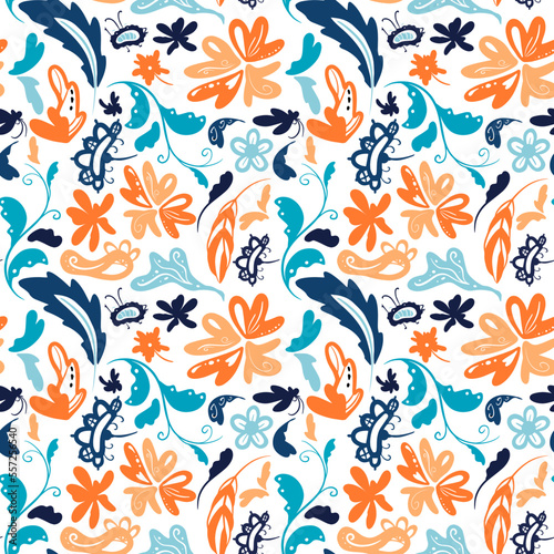 Floral pattern of orange and blue elements. Seamless vector image.