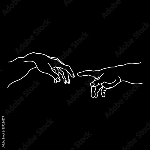 The Creation of Adam by Michelangelo. Touching fingers. Art. Black and white. Black background. Line drawing.