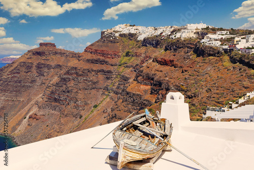 A boat on roof at Firostefani in Santorini, Greece photo