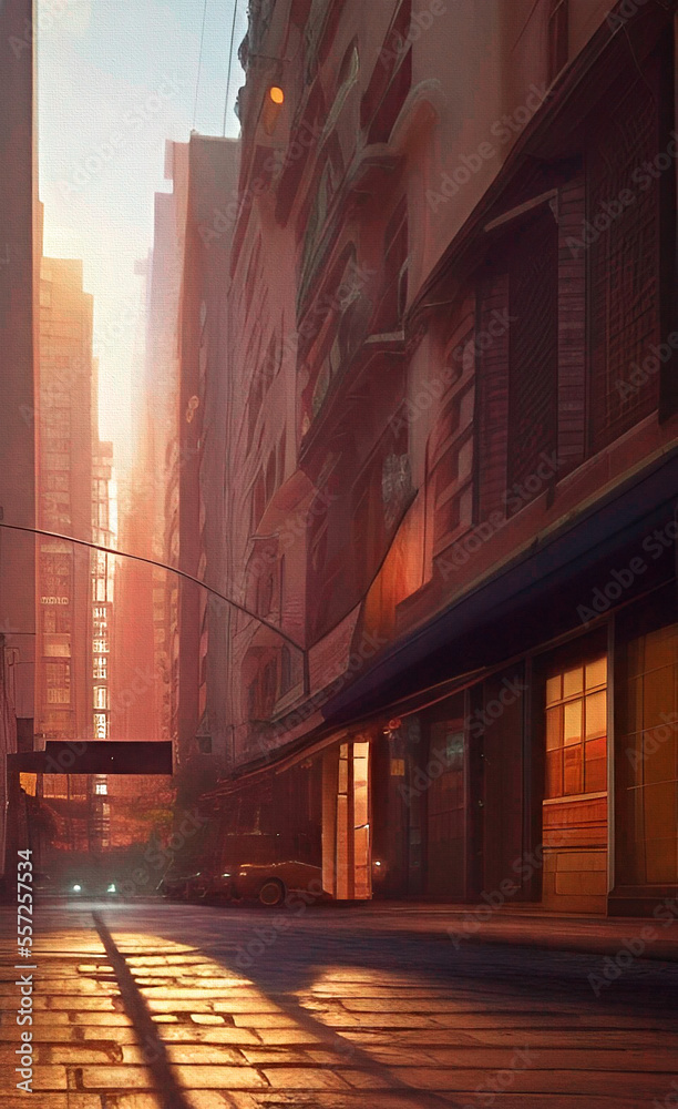 Empty street of a modern city at dawn. Illustration