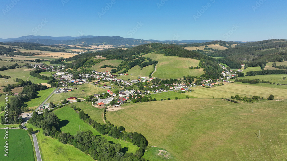 Pastures mountain horses cattle, cows sheep and goats, the ruins of the Brnicko castle village forest wood pasture Jeseniky view summer drone aerial Brnicko houses graze grass scenery cottage