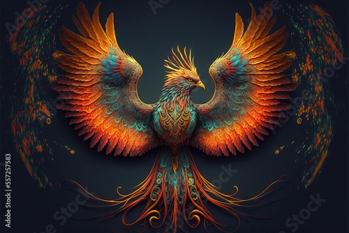  a colorful bird with a black background and a blue background with a red and orange bird on it's back. generative ai