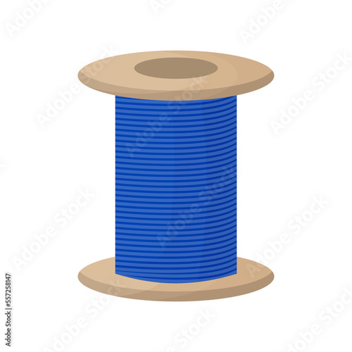 Spool of thread isolated on white background. Cartoon blue cotton reel. Vector illustration of seamstress accessory