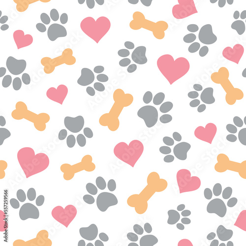 Seamless pattern with pet paw, bone and hearts. Vector illustration on white background. It can be used for wallpapers, wrapping, cards, patterns for clothes and other.