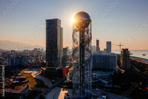 Alphabet tower at the sunset, Batumi City, Georgia, drone aerial view © Mulderphoto
