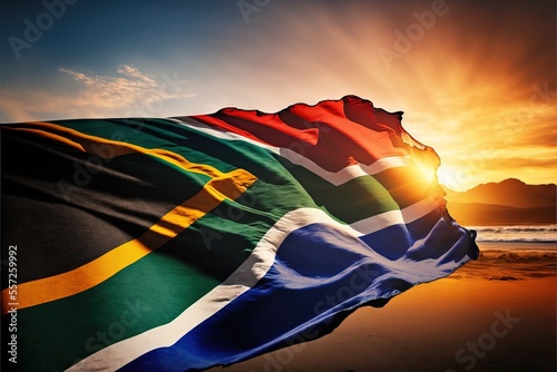  the flag of South Africa waving in the wind against a backdrop of a beautiful sunset, with the sky filled with clouds and the sun setting in the distance