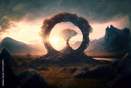 A beautiful fantasy landscape with a circular plant and a tree in the middle, generative ai photo