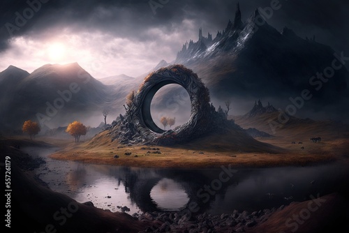 A fantasy landscape with a circular portal and mountains in the background, generative ai