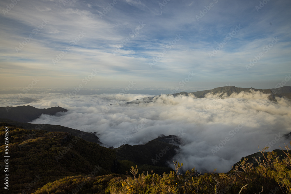 Above the clouds in Madeira, Paul da Serra, with a lot of sun and blue sky.