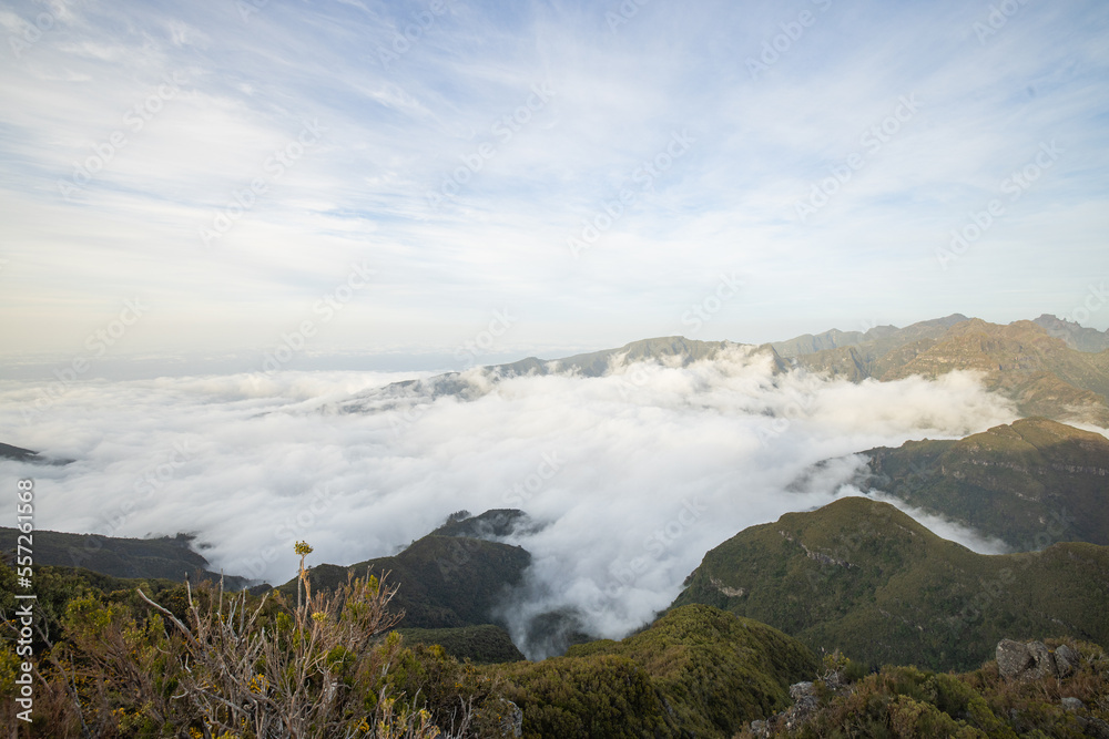 Great view over the volcanic island of Madeira from the viewpoint Pica da Cana with a towering sea of ​​clouds in the background.