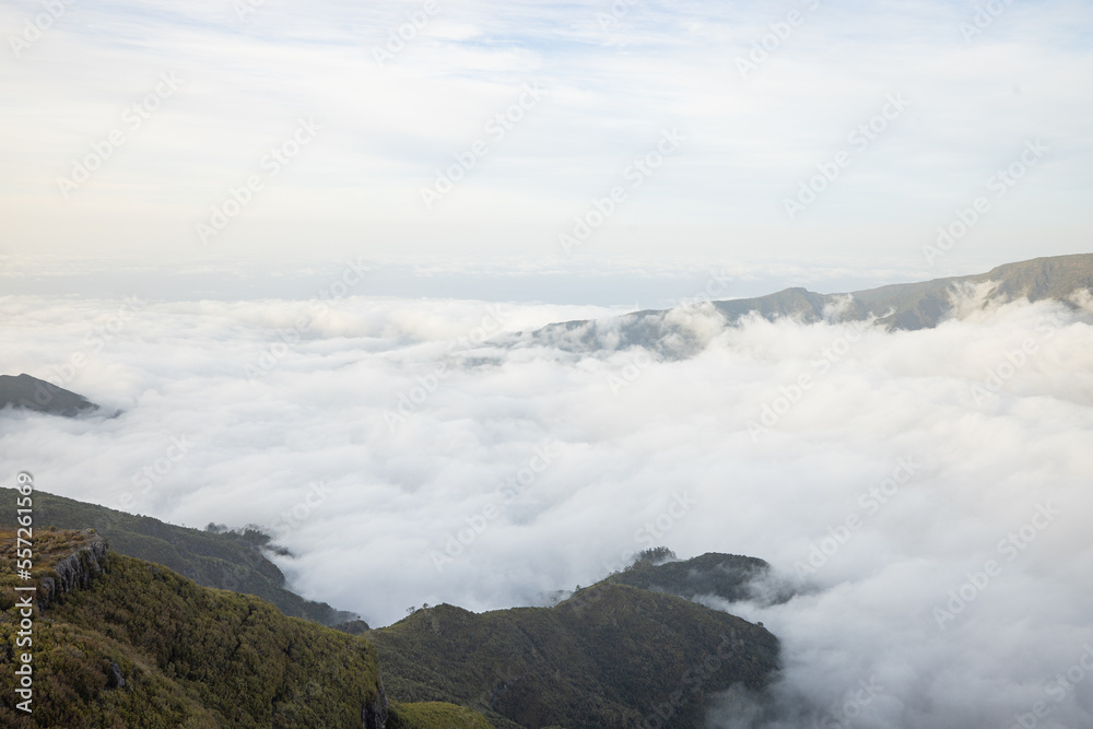 Great view over the volcanic island of Madeira from the viewpoint Pica da Cana with a towering sea of ​​clouds in the background.