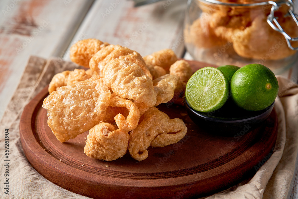 Pork rinds also known as chicharon or chicharrones, deep fried pork