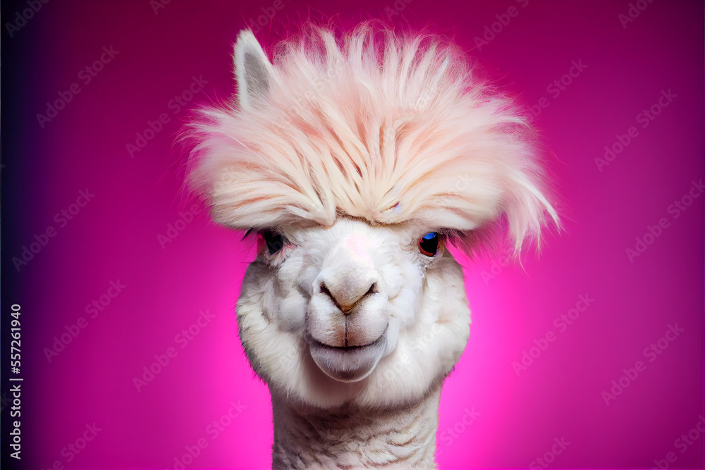Funky Alpaca with Light Pink Bangs. Generative ai
