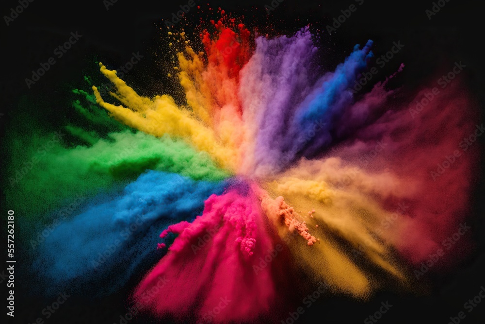 Holi powder color explosion isolated on black background